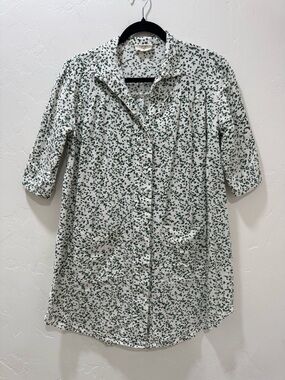 Mirth Mini Shirt Dress Tunic Button Front 100% Cotton White Green Women's XS
